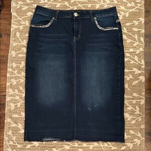 Elegant Dark Blue Pencil Skirt with Embellished Details